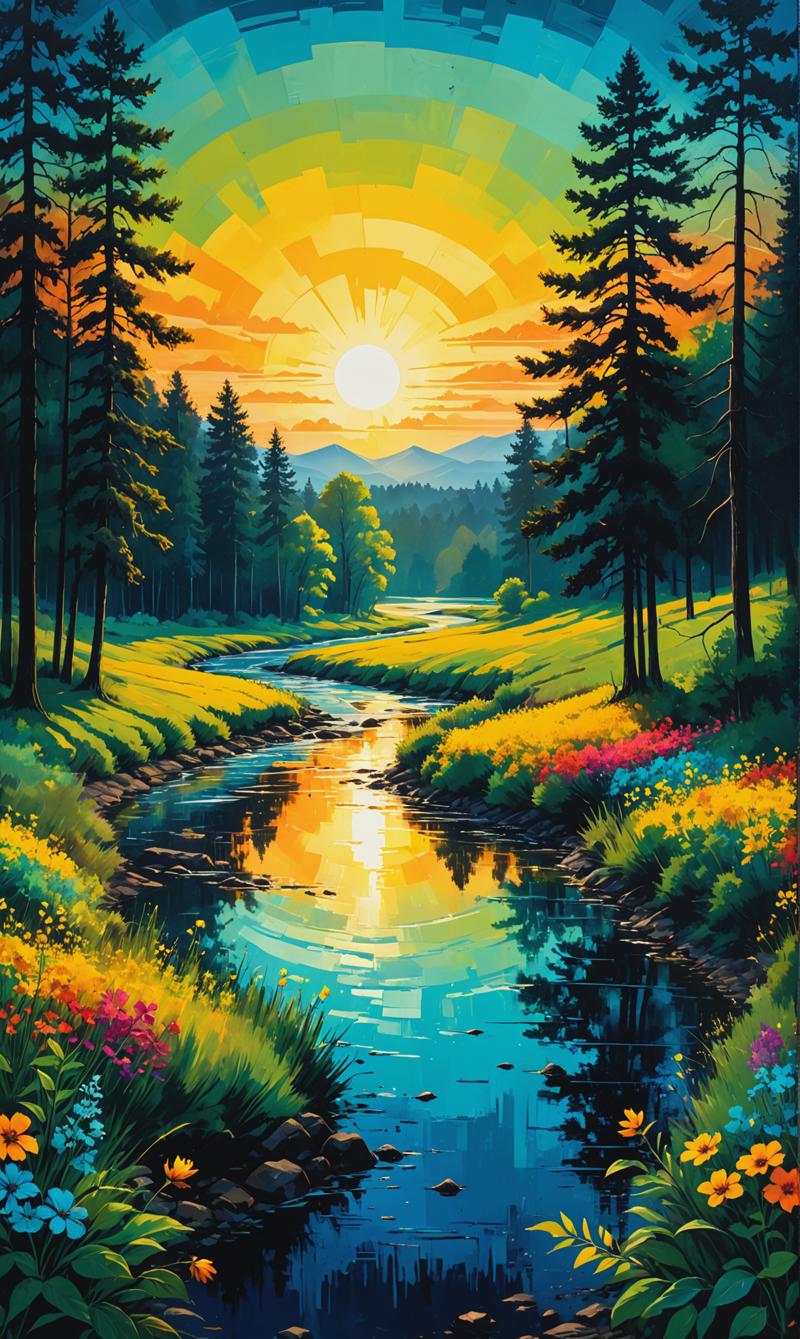 01336-1179206934-Printmaking A natural landscape with trees, flowers and a river. The landscape is printed on paper with loose brush strokes and.png